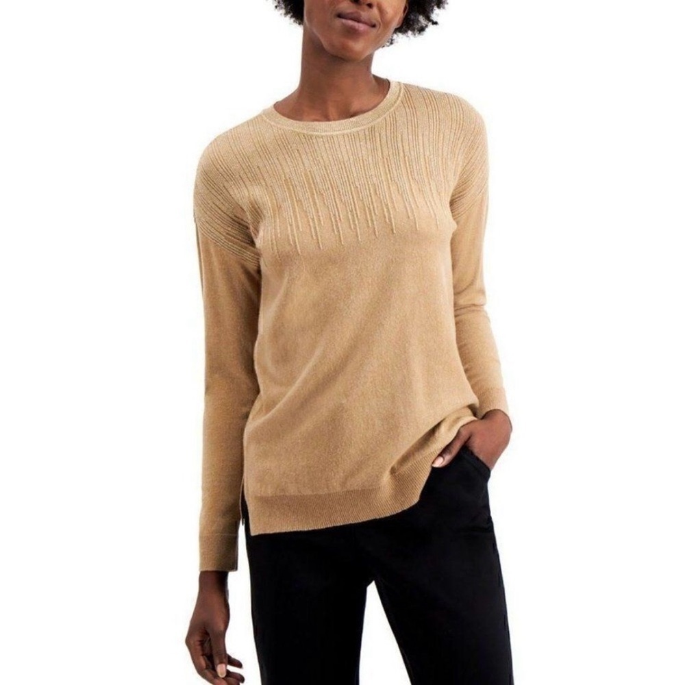 Alfani Women’s Tan Crewneck Metallic Drip Knit Pullover Sweater Size XS